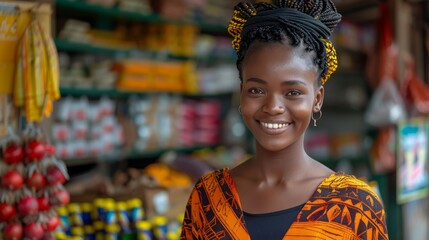 Smiling African woman dressed in a colorful traditional outfit standing in a vibrant market