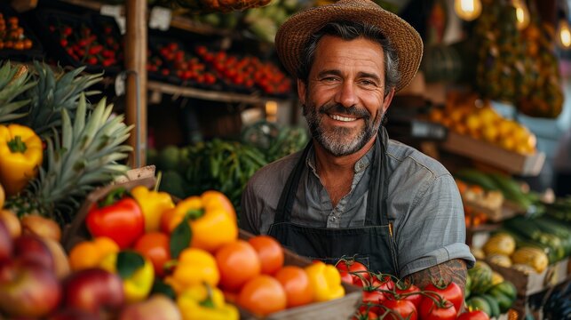 Smiling man with a hat presenting colorful bell peppers at a vibrant fruit and vegetable stand - Powered by Adobe