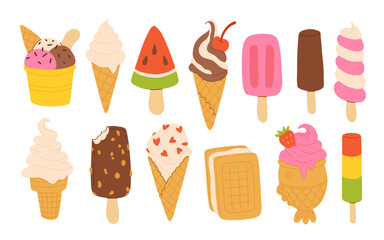 Desserts, sweet eating set. Yummy street food, confectionery snacks. Cone waffle with filling, icecream balls in cup, ice-cream in cone. Flat vector illustrations isolated on white background