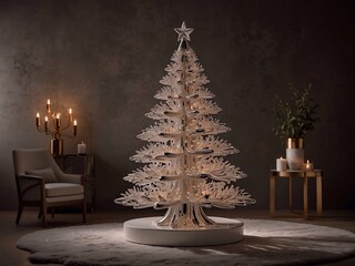 A sleek and modern ceramic Christmas tree is depicted with impeccable artistry. The tree, with its smooth surface and sleek design, shines under a soft glow, showcasing its elegant details.