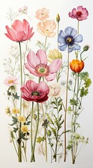 Fototapeta premium Botanical Illustration: Detailed watercolor drawing of flowering plants in retro style