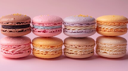 Obraz premium Vibrant stack of assorted macarons neatly displayed against a soft pink backdrop, highlighting their colors and textures