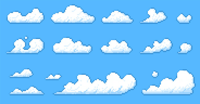 Pixel clouds. Retro 8 bit flying fluffy white clouds, 16 bit sky heaven background with cartoon meteorology elements. Vector game asset set