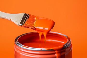 A brush dripping bright orange paint into an open paint can against a vibrant orange background. Decorating, Home renovation.