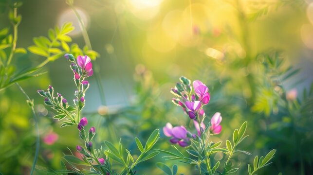 Close up view of blooming hairy vetch with blurred green plants in the background