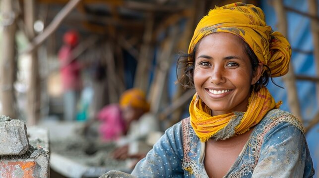 A cheerful female worker with a yellow headscarf smiles at a construction site