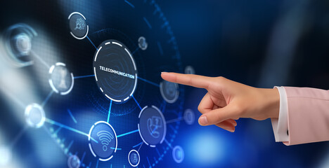 Telecommunication concept. Clicking on the 3D telecommunications icon. Technology Network