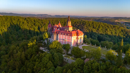 Fototapeta premium aerial view of the Księż castle in Walbrzych in Poland at dawn in spring