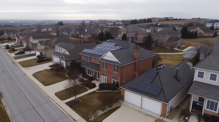 Fototapeta premium Aerial view of a suburban neighborhood with houses, solar panels on roofs, driveways, yards, and overcast sky. Residential area, renewable energy integration.