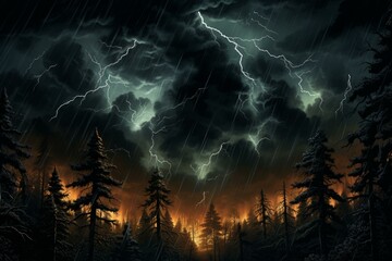 Dramatic view of intense lightning strikes illuminating the night sky above a silhouette of trees