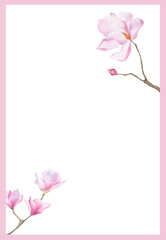 Postcard template Watercolor magnolia Delicate background Spring pink flower poster Floral frame for certificate design logo Women's day 2025 Mother day decoration Botanical border