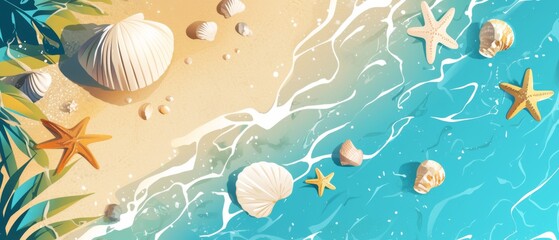 Beach summer panoramic background with seashells and starfish