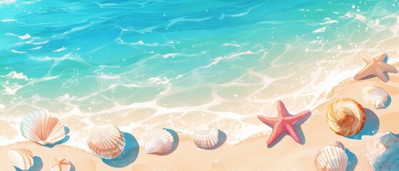 Fototapeta premium Beach summer panoramic background with seashells and starfish