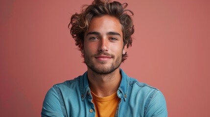 Casual young man with a carefree smile posing against a solid red background, expressing a cheerful mood