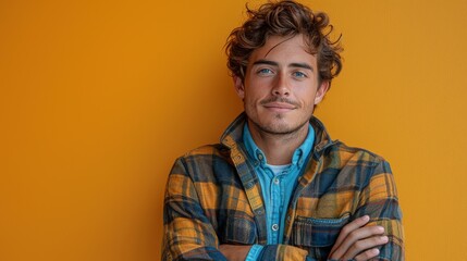 Stylish young man in a casual plaid jacket poses confidently against a solid orange background, looking to the side