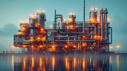Obraz premium The image depicts a modern industrial oil refinery lit up at dusk with intricate piping and storage tanks, reflected beautifully in the calm water below
