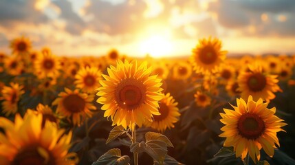 Obraz premium Close-up of bright sunflowers with a breathtaking sunset in the background, highlighting the details and colors of the flowers