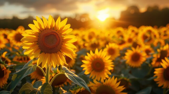 A vibrant sunflower field basks in the warm glow of the setting sun, creating a tranquil and hopeful scene in nature