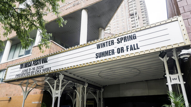 NEW YORK, NEW YORK, USA - JUNE 06, 2024: Outside from entrance to  the "Winter Spring Summer Or Fall"  World Premiere during the 2024 Tribeca Festival at BMCC Theatre