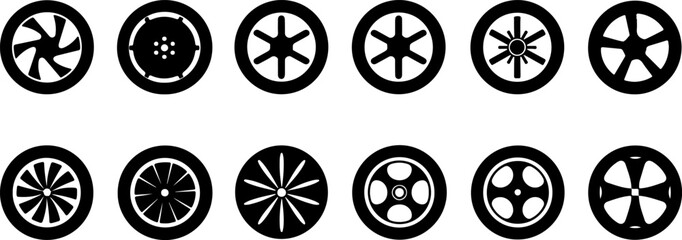 Set of vector icons, black and white silhouette wheels for car