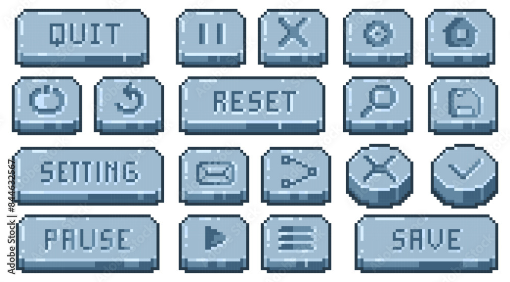 Poster stone pixel buttons. old school video game interface elements, 8 bit retro app navigation panel. vec