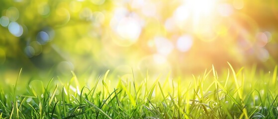 Obraz premium Beautiful natural background image of young lush green grass in the bright sunlight of a summer spring morning