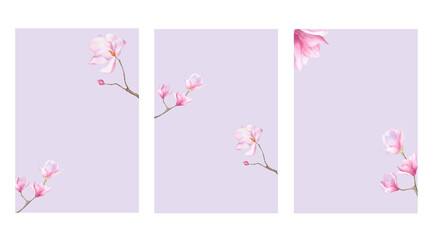 Triptych of frames Postcard template Watercolor pink magnolia Spring flower Floral purple poster for wallpaper Women's day 2025 Mother day  decoration certificate design Interiorbanner