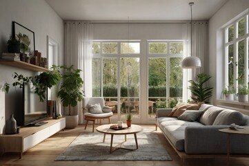 Fototapeta premium The interior design of the home features Scandinavian style with minimalist design and natural light.