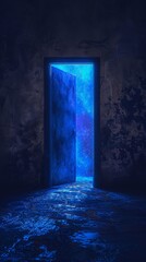 Bright doorway in dark blue, symbolizing hope and new beginnings.