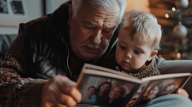Elderly Man and Toddler Boy Sharing Family Photo Album Indoors. Generative ai