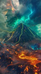 Volcanic eruption in a stormy sky with lightning, illuminated in blue, green, and orange hues.