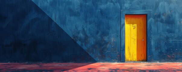 Vibrant colors symbolize opportunity; navy blue background with a single open door, illuminated by sunlight in yellow, pink, and eggplant hues.