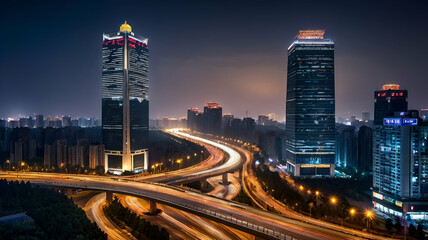 Fototapeta premium Night city view with buildings and streets.