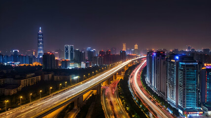 Fototapeta premium Night city view with buildings and streets.