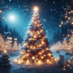 christmas tree in the snow with beautiful llights