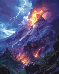 Mountain erupts amidst stormy skies with lightning, contrasted by periwinkle, pink, and lime colors.
