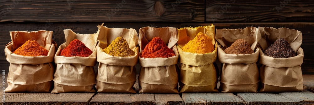 Aufkleber A collection of various dried spices in open paper bags arranged on a rustic wooden surface. The vibrant colors of the spices create a beautiful display. Generative AI