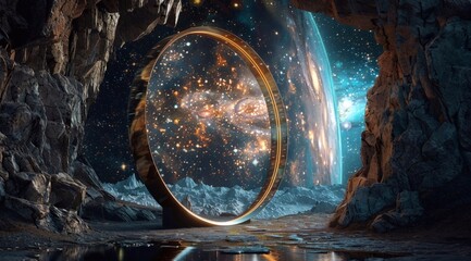 a full length magic mirror, half of the mirror is showing the universe and another half of the mirror showing a dark abyss. generative AI