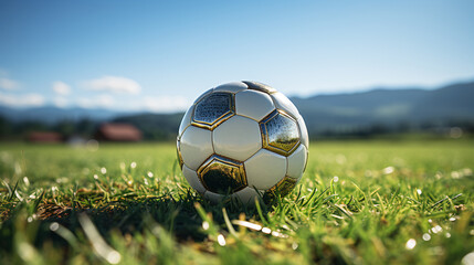 Fototapeta premium A classic black and white soccer ball rests at the center of a vast, empty soccer field.