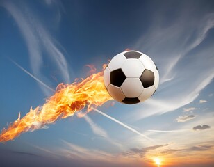 Close-up of a soccer ball flying high in the sky, leaving a fiery trail behind it. Concept of speed, impregnable shot, athletic gesture, sports record.