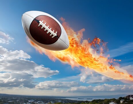 Close-up of a rugby or football ball flying high in the sky, leaving a fiery trail behind it. Concept of speed, impregnable shot, athletic gesture, sports record. - Powered by Adobe