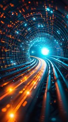 An illuminated tunnel of blue and orange data lines leading toward a bright light, symbolizing a futuristic digital journey.