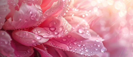 Naklejka premium Beautiful transparent drops of water or dew with sun glare on petal of pink peony flower, macro. Gentle artistic image of purity and beauty of nature