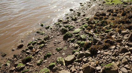 rocky shore with moss-covered rocks and muddy muddy water in the sunlight
