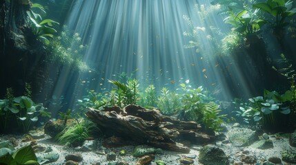 Fototapeta premium Tranquil jungle stream with driftwood centerpiece and lush greenery.