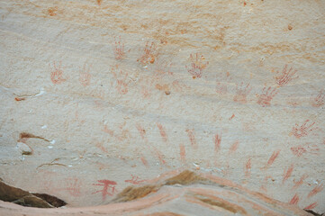 Ubon Ratchathani, Thailand - May 30, 2024 : landscape tourist attractions Pha Taem National Park There are paintings on ancient cave walls, more than 3000 years old, high cliffs, large rocks.