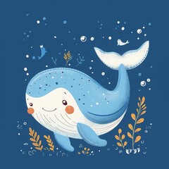Whimsical blue and white whale illustration perfect for children's book, with a simple and friendly design.