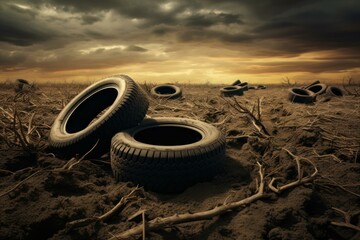 Obraz premium Resilient Tires on dirt field. Pile of vehicle used rubber wheels. Generate ai