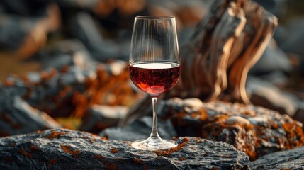 Bottle and glass of red wine on a black stone table. In the background old weathered snag. Frontal view with copy space