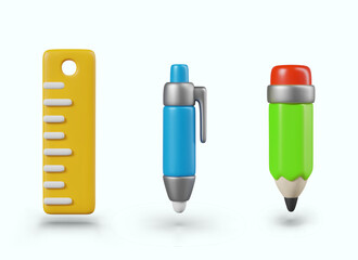 3D ruler, pencil, ballpoint pen. Set of stationery